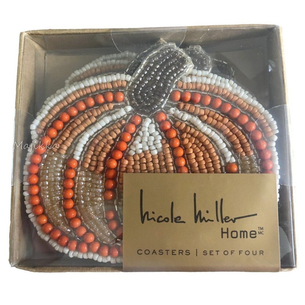 Nicole Miller Pumpkin Coasters Glass Beaded Set of 4 Satin Backed Orange 5x4"